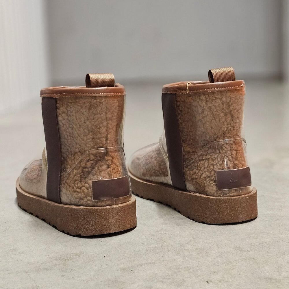 Clear Shearling-Lined Ankle Boots With Brown Trim & Rubber Sole For Women - Picture 9 of 11